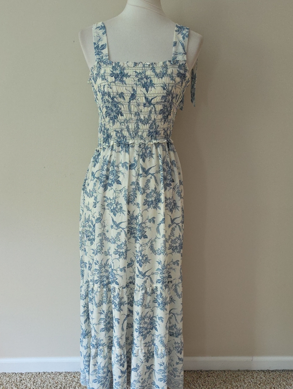 Max Studio London Smocked White and Blue Floral Maxi Dress - Sleeveless
